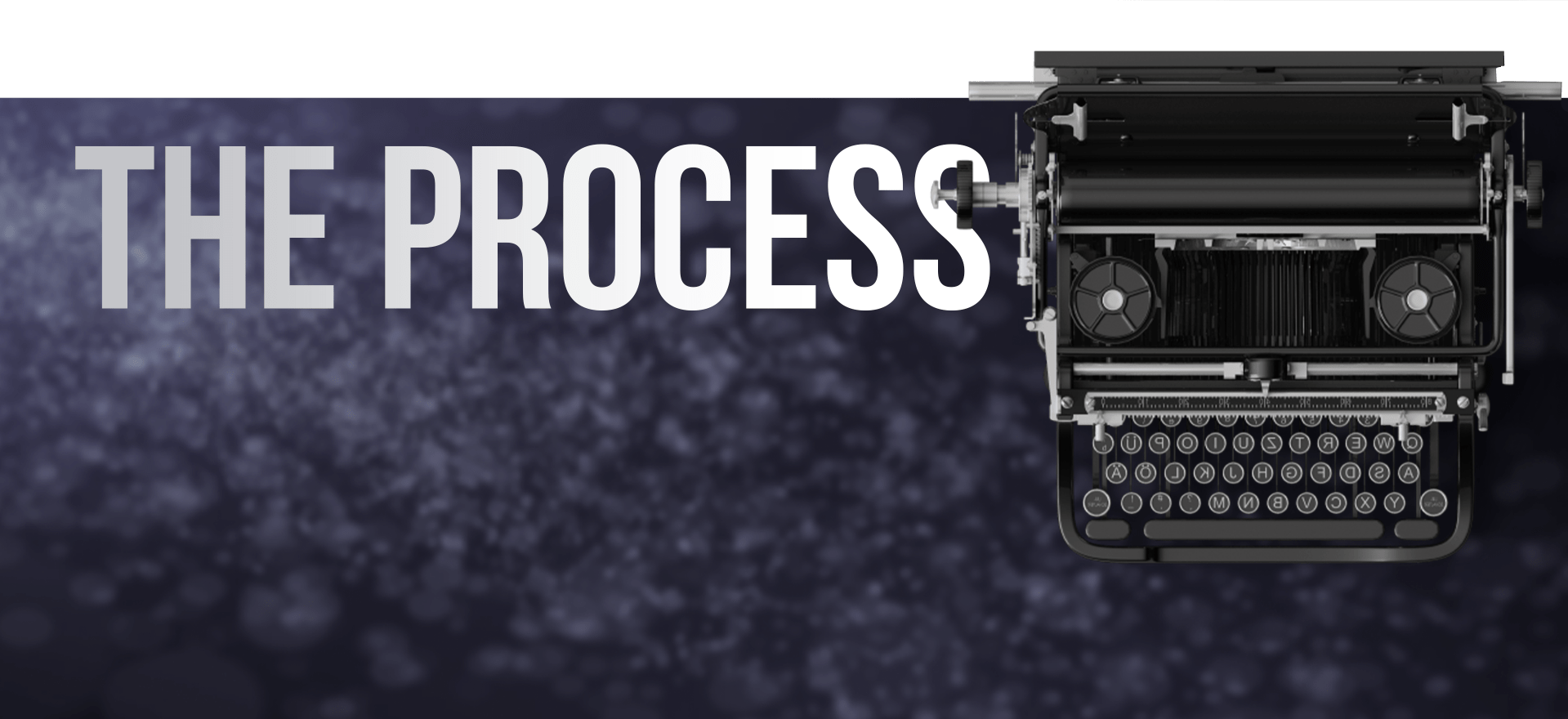 A Vintage Typewriter On A Dark, Bokeh-Light Background With The Text &Quot;The Process&Quot; In Bold White Letters On The Left. The Typewriter Appears To Be An Old Model, Predominantly Black, With Visible Keys And Rollers. A vintage typewriter on a dark, bokeh-light background with the text "THE PROCESS" in bold white letters on the left. The typewriter appears to be an old model, predominantly black, with visible keys and rollers.