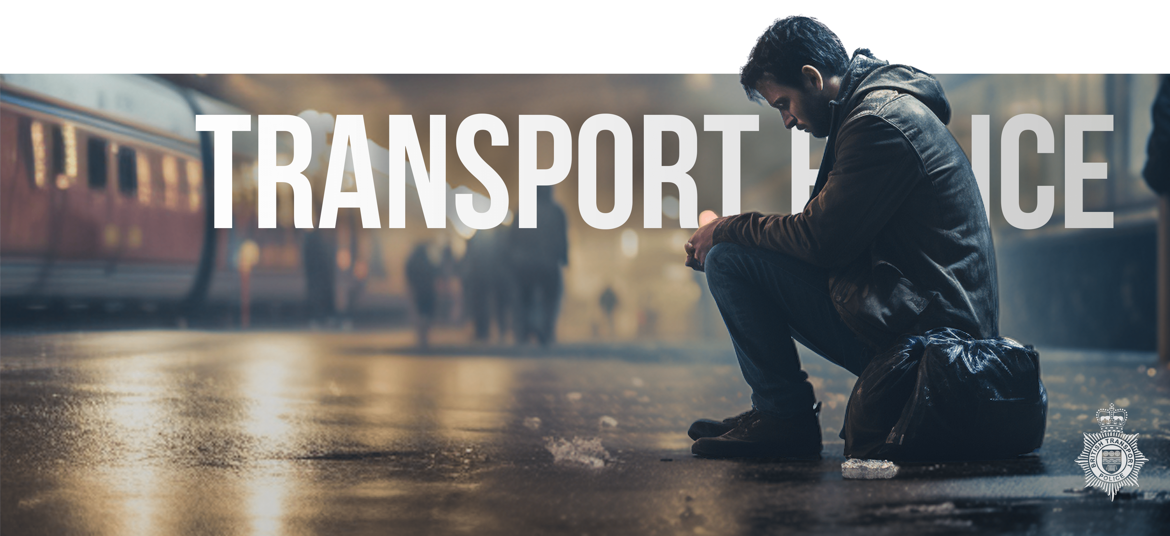 A man sits on a bench in a dimly lit train station with a serious expression, surrounded by blurred figures walking by. The text "TRANSPORT POLICE" is prominently displayed across the image, accompanied by a police emblem in the bottom right corner.