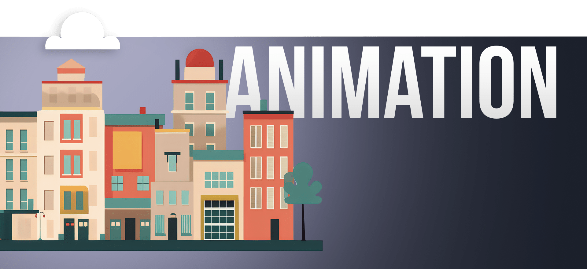 Illustration of colorful, multi-story buildings lined up with various designs and a single tree in front. The background features a gradient from gray to dark purple, and the word "ANIMATION" is prominently displayed in large white letters above the buildings.