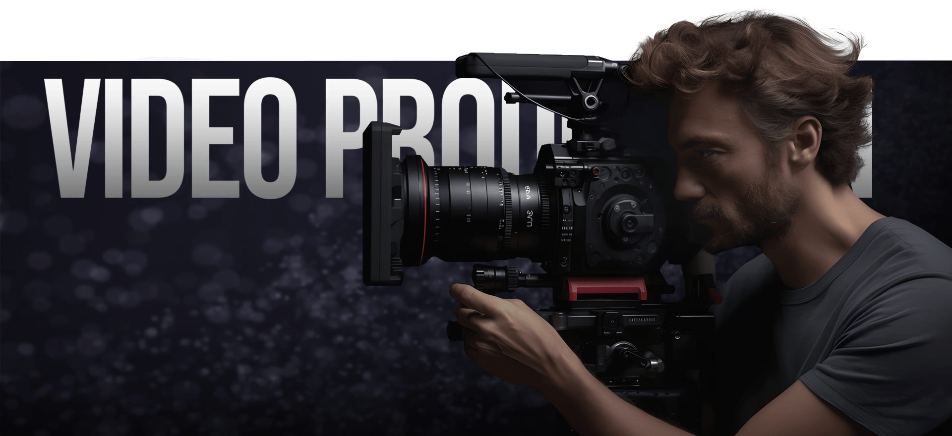 A Person With Curly Hair Is Operating A Professional Video Camera, Focusing Intently On The Target. The Background Features The Partially Visible Large Text &Quot;Video Production&Quot; With A Bokeh Effect. The Scene Is Dark And The Lighting Emphasizes The Equipment And Person. A person with curly hair is operating a professional video camera, focusing intently on the target. The background features the partially visible large text "VIDEO PRODUCTION" with a bokeh effect. The scene is dark and the lighting emphasizes the equipment and person.