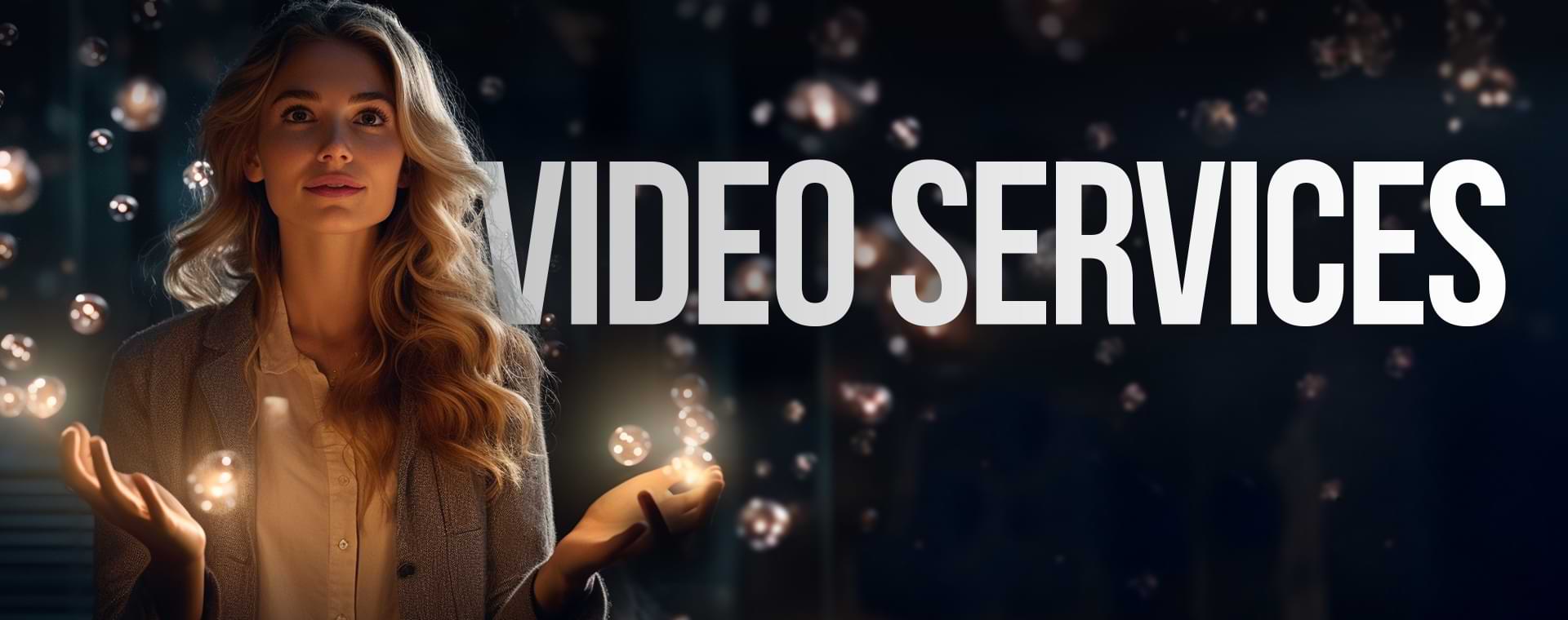 A Person Gazes Upwards, Surrounded By Glowing Orbs, With The Words &Quot;Video Services&Quot; Prominently Displayed In The Background. The Overall Ambiance Is Dark, With An Ethereal, Illuminated Atmosphere. A person gazes upwards, surrounded by glowing orbs, with the words "VIDEO SERVICES" prominently displayed in the background. The overall ambiance is dark, with an ethereal, illuminated atmosphere.