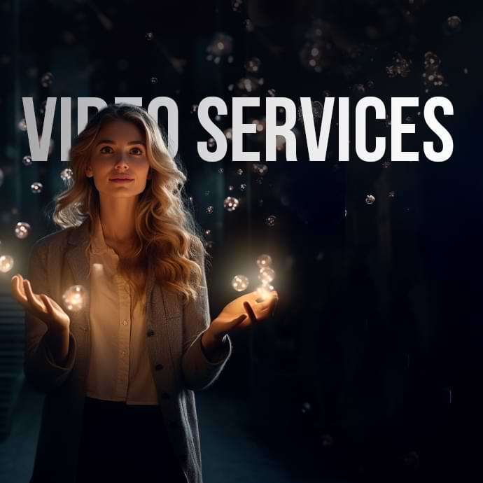 A woman with long blonde hair and a light jacket stands in a dark environment, juggling glowing orbs of light with both hands. Behind her, the words "VIDEO SERVICES" are prominently displayed in large, white capital letters.