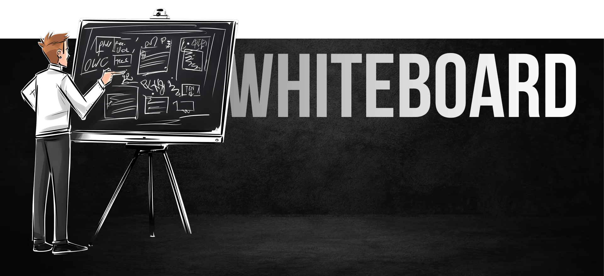A person with brown hair is drawing or writing on a blackboard with chalk. The background includes the large word "WHITEBOARD" displayed in grey and white text on a black textured surface. The scene has a modern and illustrative style.