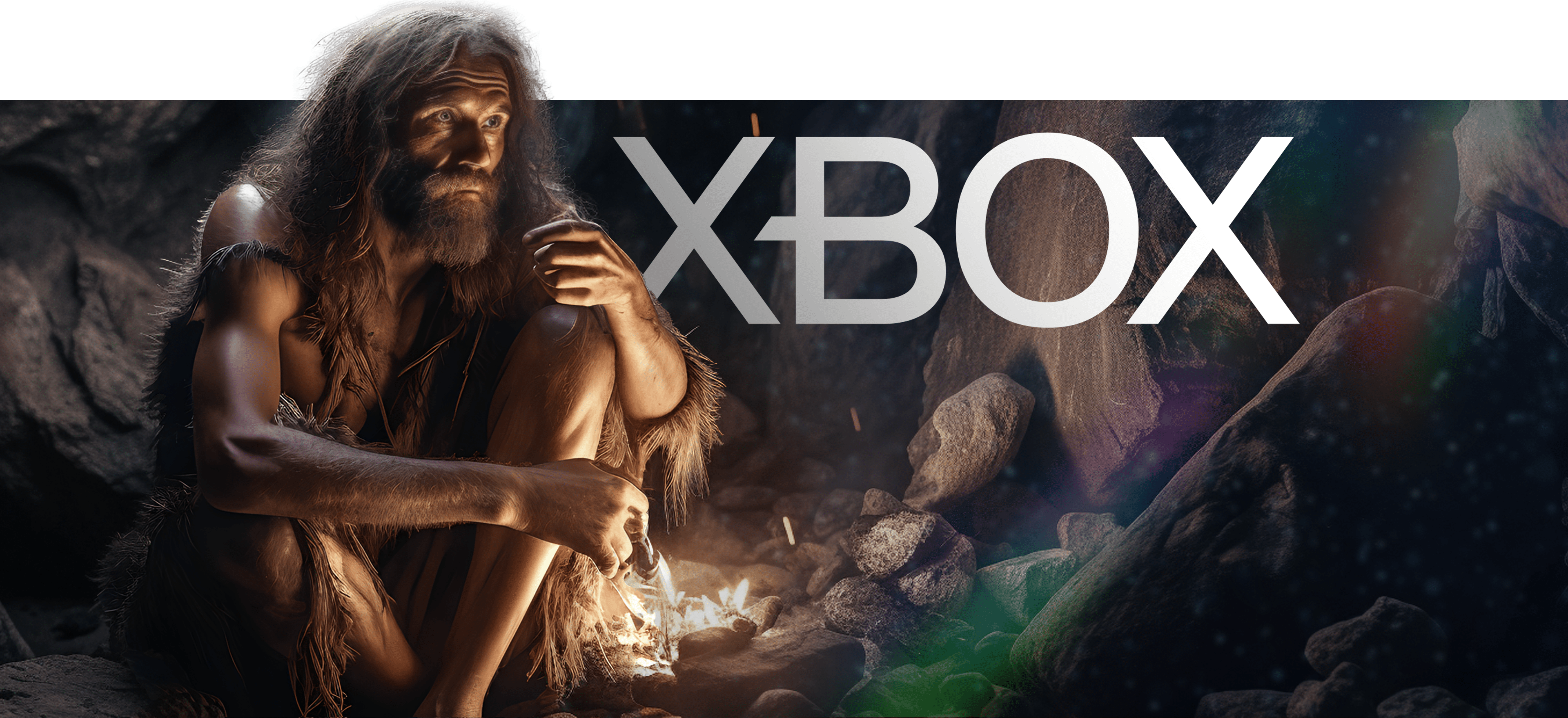 A man dressed in a fur garment, reminiscent of a prehistoric era, sits by a fire with an intense expression. The word "XBOX" is prominently displayed in large, white letters above him. The background has a rugged, stony texture.