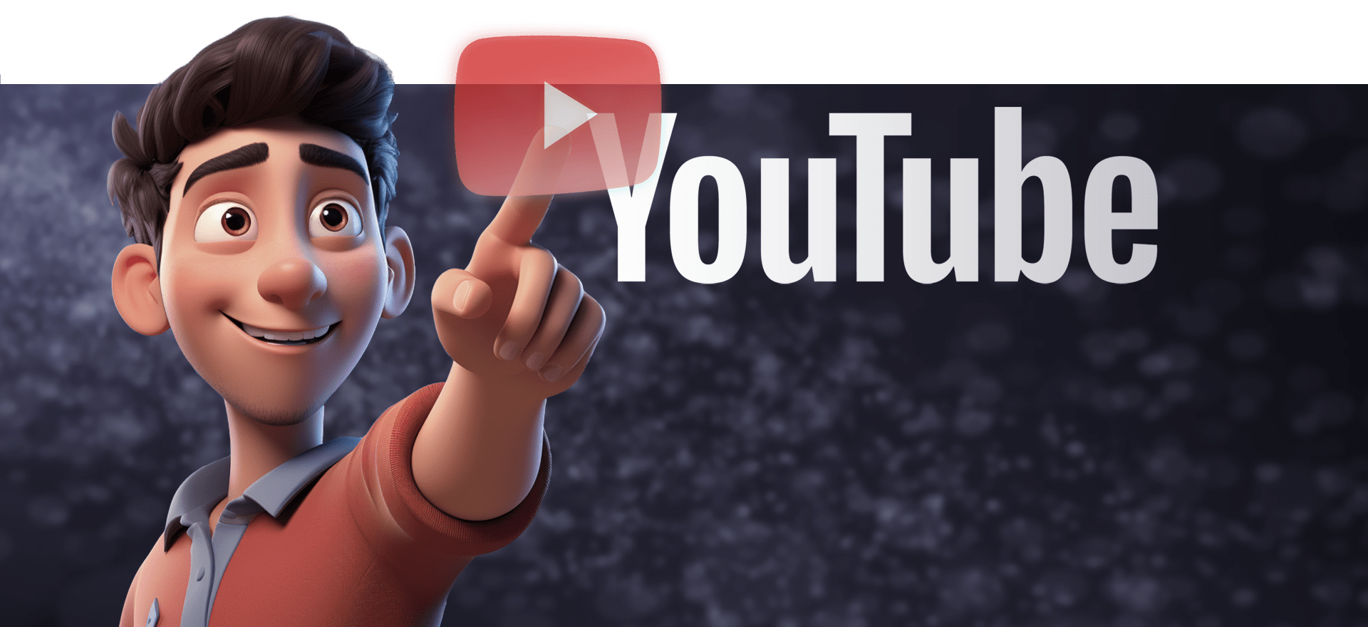 A smiling animated character wearing a red shirt points towards the YouTube logo, which features the recognizable red play button symbol. The background is a dark gradient with a textured pattern, accentuating the character and the logo.