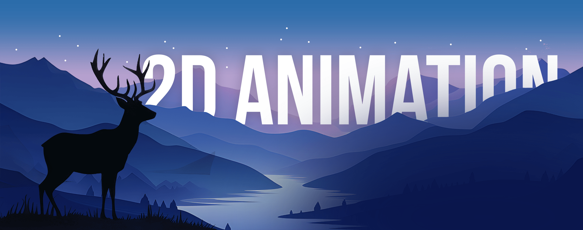 Silhouette of a deer standing in front of a river and mountain landscape under a starry sky at dusk. The text "2D ANIMATION" is prominently displayed in large white letters in the center of the image.