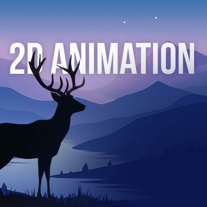A silhouette of a deer with antlers stands in a serene, mountainous landscape at dusk. The sky transitions from twilight to night, and stars are visible. Large, bold text at the top center reads "2D ANIMATION.