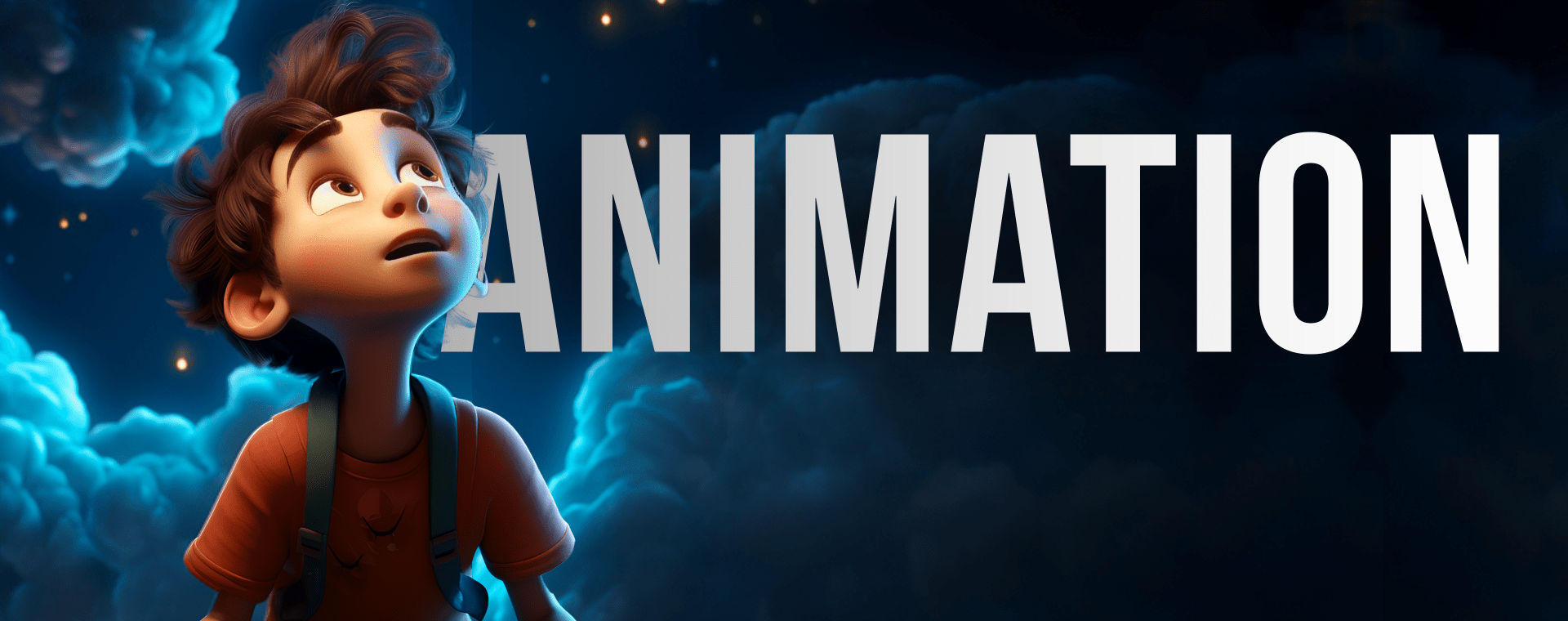 An Animated Child Character With Large, Expressive Eyes And Tousled Hair Gazes Upwards. The Background Features A Cloudy, Starry Night Sky. Overlaid Text Reads &Quot;Animation&Quot; In Bold, White Letters. The Scene Conveys A Sense Of Wonder And Curiosity, Perfect For Showcasing Our Animated Video Production Services. An animated child character with large, expressive eyes and tousled hair gazes upwards. The background features a cloudy, starry night sky. Overlaid text reads "ANIMATION" in bold, white letters. The scene conveys a sense of wonder and curiosity, perfect for showcasing our animated video production services.