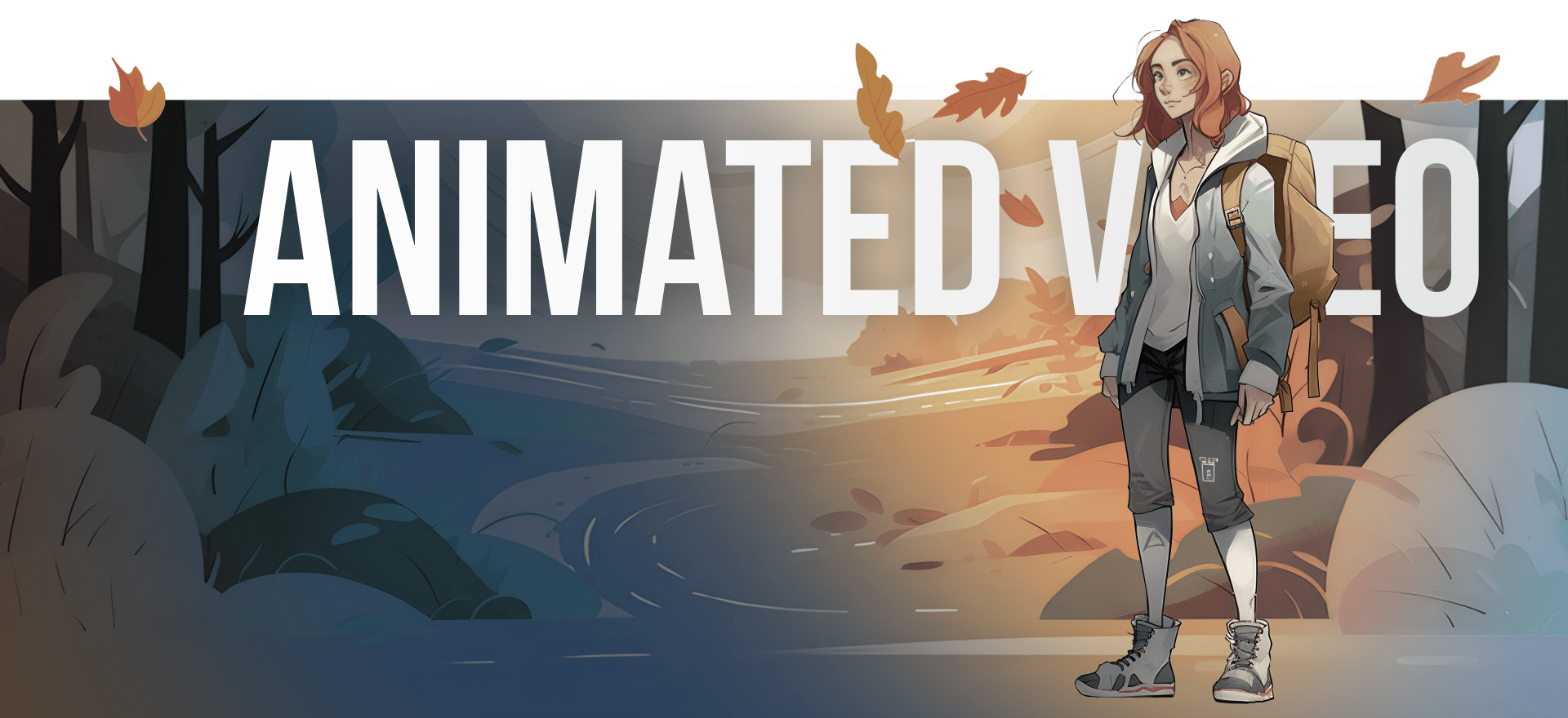 A Young Woman Wearing Outdoor Gear Stands Confidently On A Trail, Enveloped By A Forest Setting Divided Between Day And Night. The Text &Quot;Animated Video Production&Quot; Is Boldly Displayed In Large Letters, Spanning The Width Of The Image. Leaves Are Falling Around Her. A young woman wearing outdoor gear stands confidently on a trail, enveloped by a forest setting divided between day and night. The text "ANIMATED VIDEO PRODUCTION" is boldly displayed in large letters, spanning the width of the image. Leaves are falling around her.