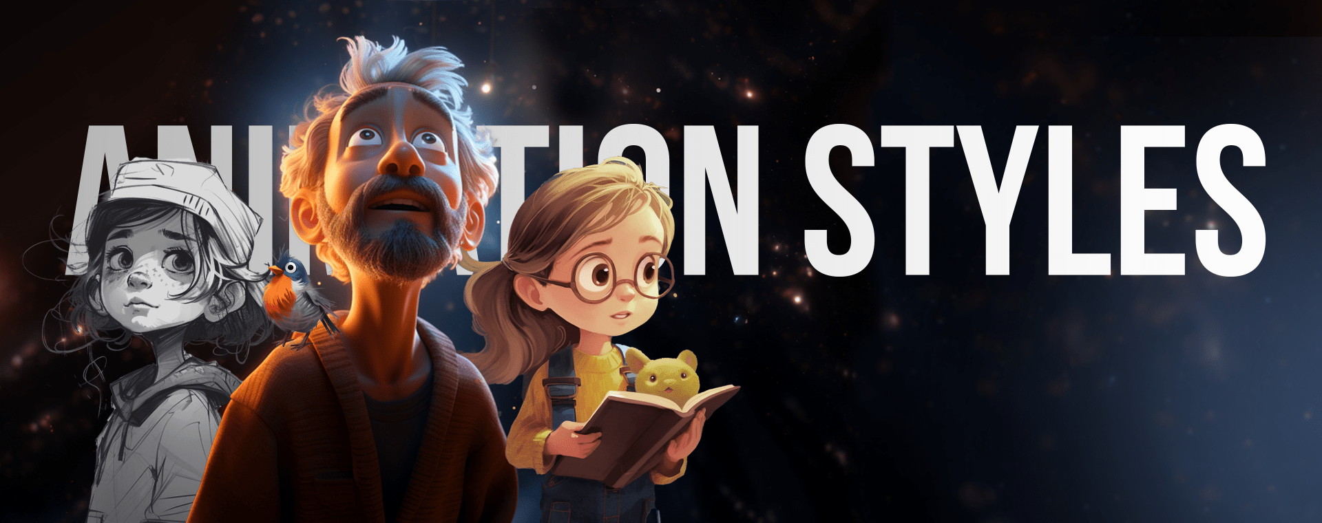 Three Animated Characters In Different Styles Are Shown With Large Text In The Background Reading &Quot;Animation Styles.&Quot; The Characters Include A Man Looking Up With A Curious Expression, A Girl Reading A Book, And Another Girl With A Bird On Her Shoulder. Three animated characters in different styles are shown with large text in the background reading "ANIMATION STYLES." The characters include a man looking up with a curious expression, a girl reading a book, and another girl with a bird on her shoulder.