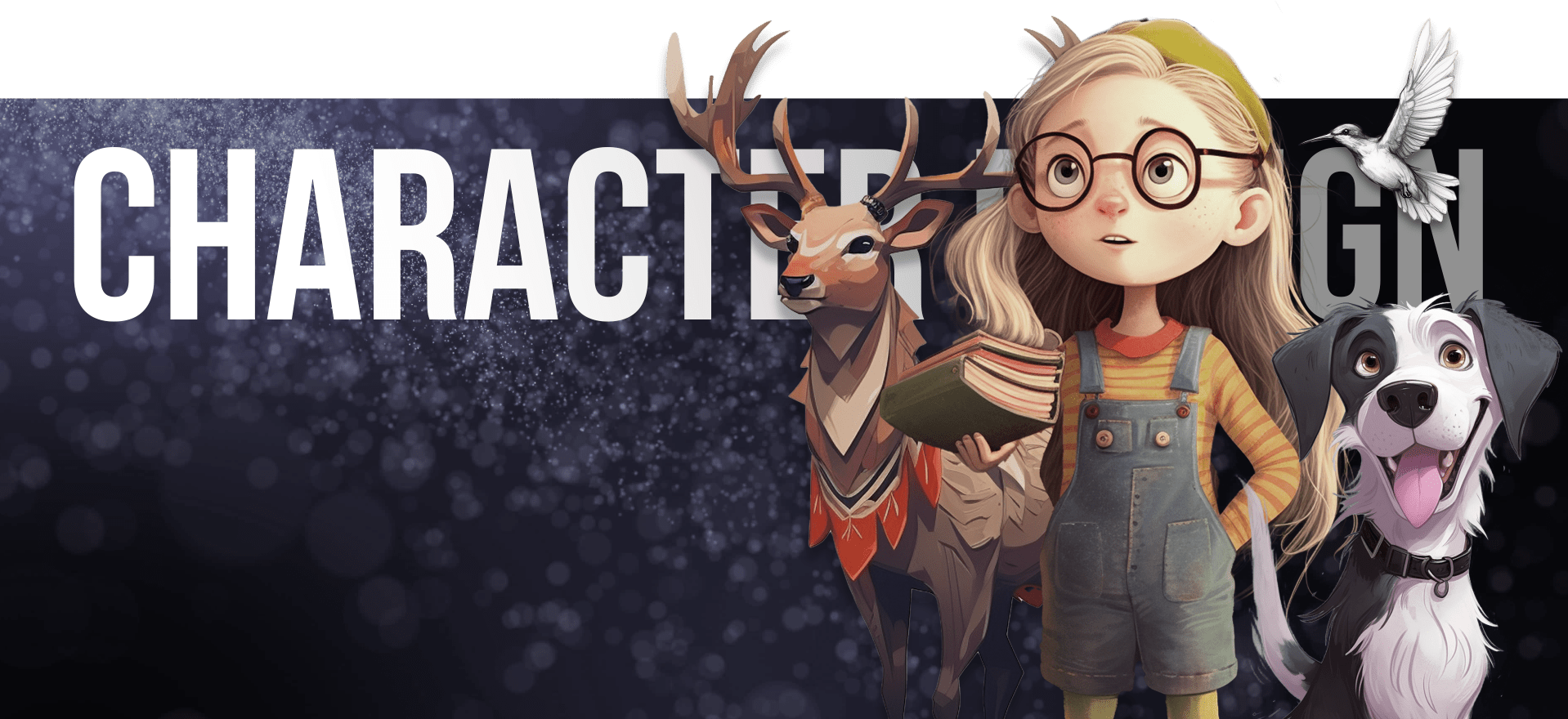 A girl with glasses, wearing a yellow cap and overalls, holds books under her arm, standing between a deer and a dog. A white bird hovers above. The background is dark with the large text "CHARACTER DESIGN" partially visible.