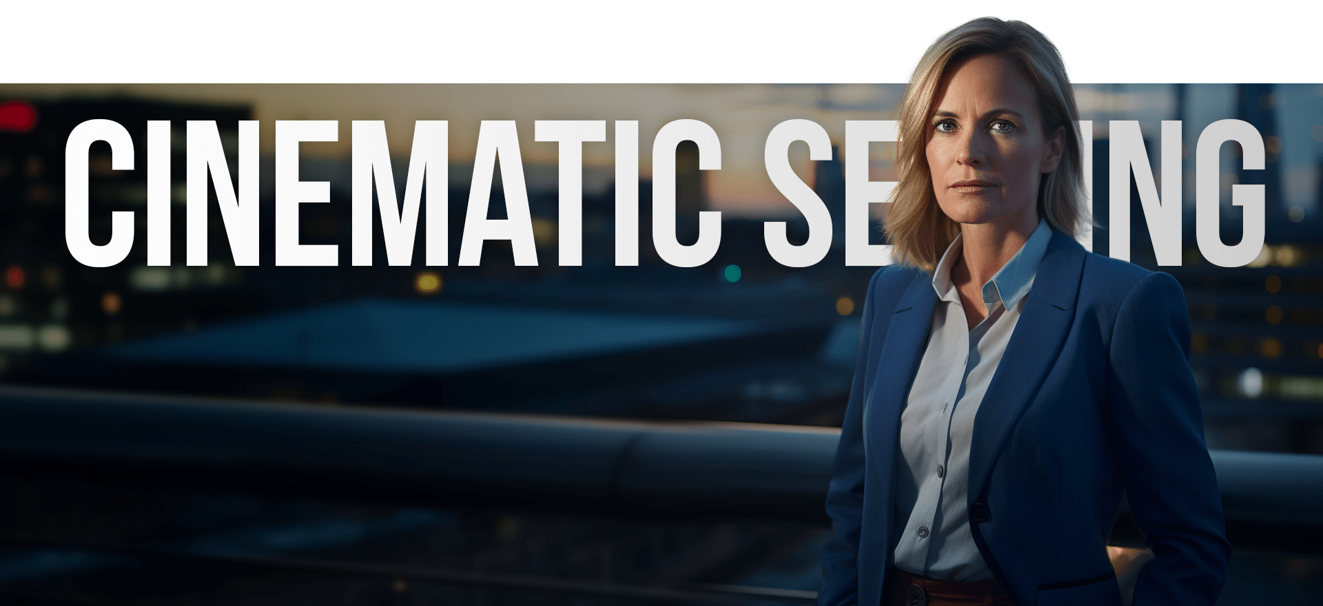 A Person In A Blue Blazer Stands Against An Urban Backdrop At Dusk. The Words &Quot;Cinematic Seeing&Quot; Are Prominently Displayed In Large White Letters Across The Upper Part Of The Image. The Setting Suggests A Professional Or Dramatic Scene. A person in a blue blazer stands against an urban backdrop at dusk. The words "CINEMATIC SEEING" are prominently displayed in large white letters across the upper part of the image. The setting suggests a professional or dramatic scene.