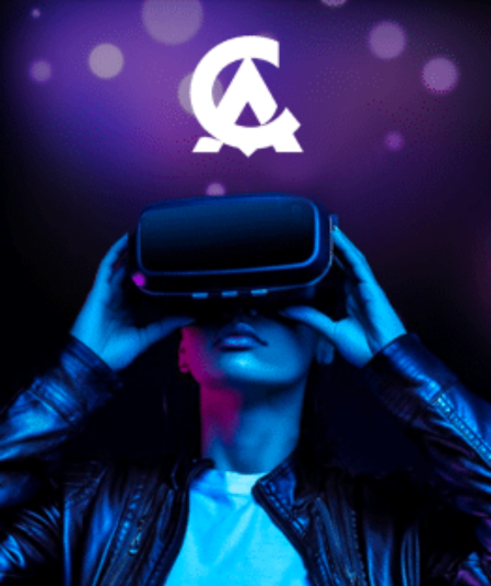 A person wearing a virtual reality headset, looking upwards. The background is dark with purple and blue lights, and a stylized letter "A" logo is visible above the person. Clad in a leather jacket and white shirt, this scene could easily be part of futuristic talking head videos.