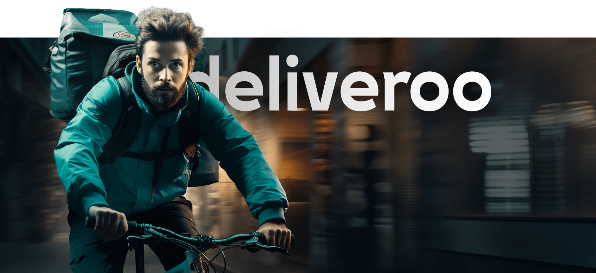 A Cyclist Wearing A Teal-Colored Uniform And A Large Backpack Rides A Bicycle At Night With Blurred City Buildings In The Background. The Deliveroo Logo Is Prominently Displayed Behind The Cyclist, Spanning The Upper Portion Of The Image. A cyclist wearing a teal-colored uniform and a large backpack rides a bicycle at night with blurred city buildings in the background. The Deliveroo logo is prominently displayed behind the cyclist, spanning the upper portion of the image.