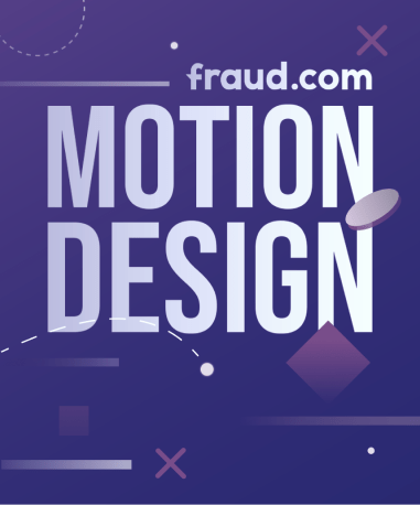 A purple background with geometric shapes around the text "fraud.com MOTION DESIGN" in bold white letters. Various abstract elements, including circles, lines, and squares, are scattered throughout the design.