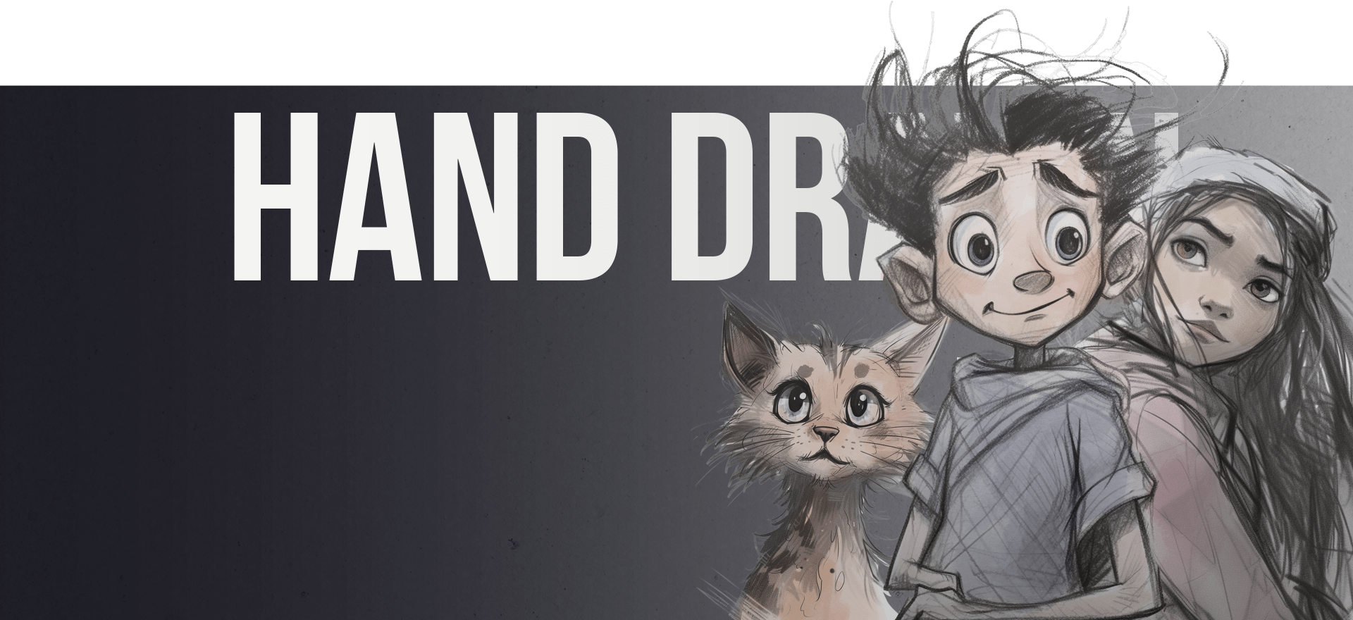 A hand-drawn illustration features a young boy with spiky hair, a girl with long hair, and a cat with a curious expression. The background transitions from dark to light with the text "HAND DRAWN" in large, bold letters on the left side.
