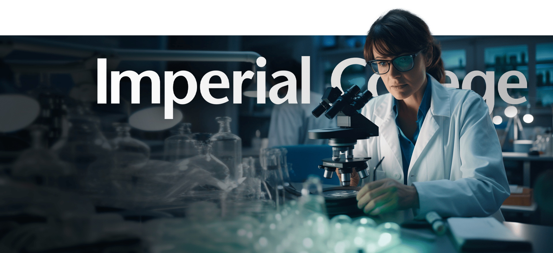 A Scientist, Wearing A White Lab Coat And Glasses, Looks Through A Microscope In A Dimly Lit Laboratory. &Quot;Imperial College&Quot; Is Prominently Displayed In The Background. Laboratory Glassware And Equipment Are Visible Around The Scientist. A scientist, wearing a white lab coat and glasses, looks through a microscope in a dimly lit laboratory. "Imperial College" is prominently displayed in the background. Laboratory glassware and equipment are visible around the scientist.