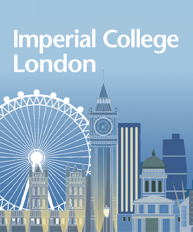 Illustration featuring iconic London landmarks such as the London Eye, Big Ben, and other buildings, with the text "Imperial College London" prominently displayed at the top in white letters. The background is in shades of blue.