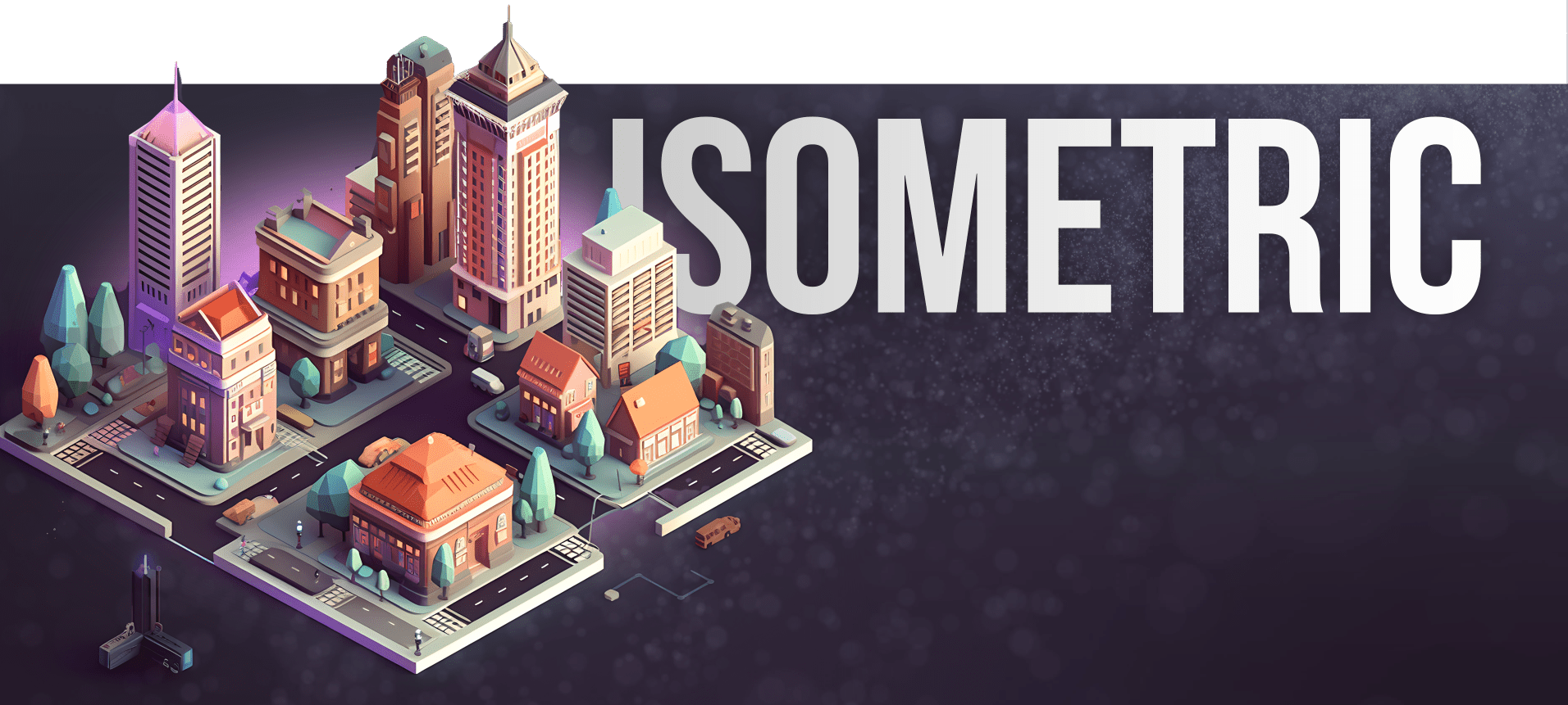 A Stylized Isometric Illustration Of A City Block With Various Buildings, Trees, And Vehicles. The Scene Is Lit With A Pinkish Hue, And The Word &Quot;Isometric&Quot; Is Prominently Displayed In Large, Bold Letters On The Right Side. A stylized isometric illustration of a city block with various buildings, trees, and vehicles. The scene is lit with a pinkish hue, and the word "ISOMETRIC" is prominently displayed in large, bold letters on the right side.