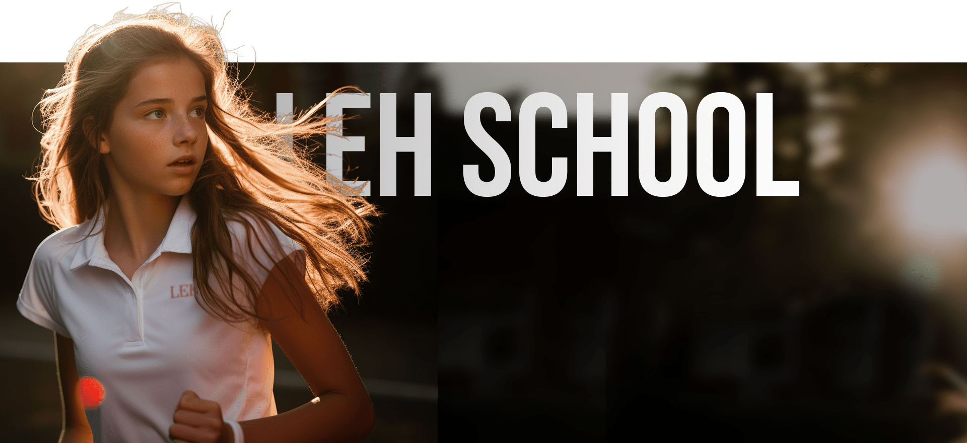 A Girl In A White Polo Shirt With The Text &Quot;Leh&Quot; Printed On It Is Running With Her Hair Flowing Behind Her. She Is Looking Off Into The Distance With A Determined Expression. The Background Features Large, White Text Reading &Quot;Leh School&Quot; On A Dark, Blurred Backdrop. A girl in a white polo shirt with the text "LEH" printed on it is running with her hair flowing behind her. She is looking off into the distance with a determined expression. The background features large, white text reading "LEH SCHOOL" on a dark, blurred backdrop.