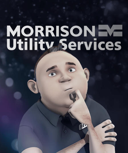 A cartoon character with a pensive expression, wearing a shirt with a logo that partially reads "FRM," is set against a blurred background with light spots. Above the character are bold letters spelling "MORRISON Utility Services.
