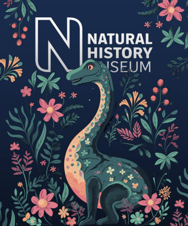 An illustrated dinosaur with a long neck and green-spotted body looks cheerfully to the side, surrounded by colorful, vibrant flowers and leaves. The text "Natural History Museum" is displayed prominently in white, accompanied by a large "N" on a dark background.