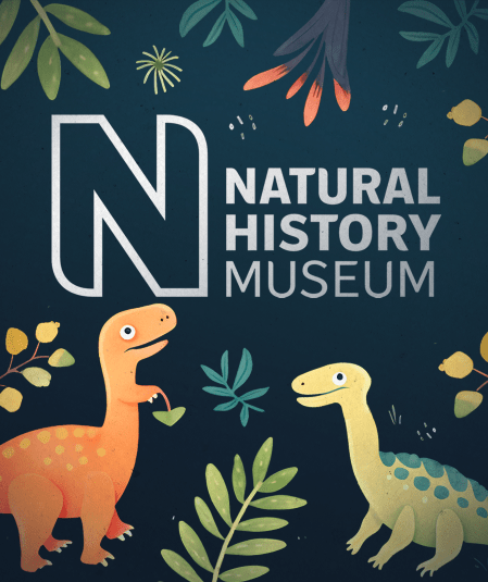 Illustrated poster for the Natural History Museum featuring two colorful, cartoon dinosaurs surrounded by lush, green plants and leaves. The museum's name is prominently displayed in bold, modern font.