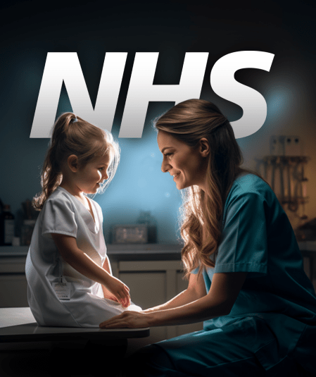 A female healthcare professional in scrubs bends down smiling at a young girl sitting on a medical examination table. Both are illuminated by soft light. The large letters "NHS" are prominently displayed in the background.