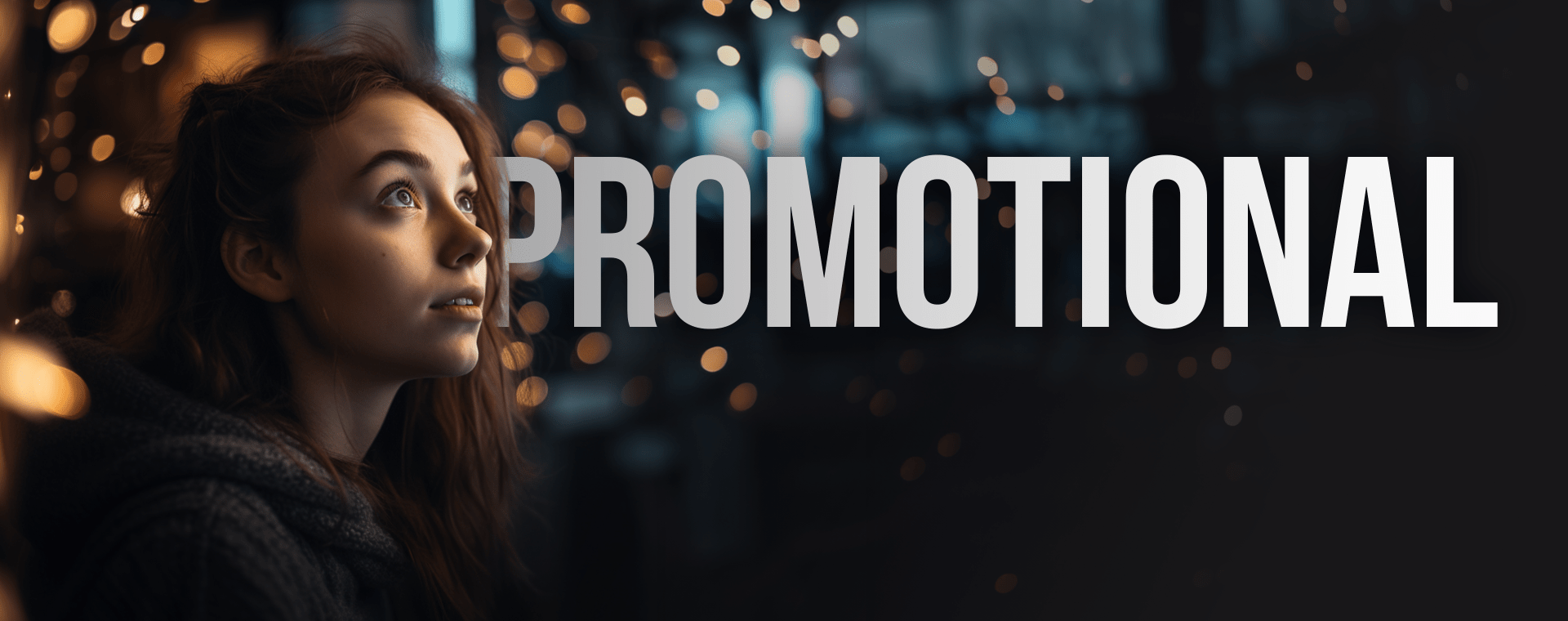 A Pensive Person With Long Hair Gazes Upward, Illuminated By Soft, Warm Lighting With Bokeh Effect In The Background. The Word &Quot;Promotional&Quot; Is Prominently Displayed To The Right In Large, Bold Lettering. The Background Fades Into A Darker Tone. A pensive person with long hair gazes upward, illuminated by soft, warm lighting with bokeh effect in the background. The word "PROMOTIONAL" is prominently displayed to the right in large, bold lettering. The background fades into a darker tone.