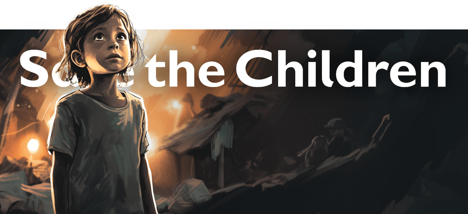 An illustration of a young child looking up with a hopeful expression, set against a dimly lit background of distressed buildings. The words "Save the Children" are prominently displayed behind the child.