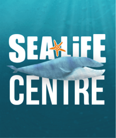 An underwater-themed graphic featuring the text "SEA LIFE CENTRE" with a starfish and a whale in the foreground. The background depicts an oceanic scene with light filtering through the water.