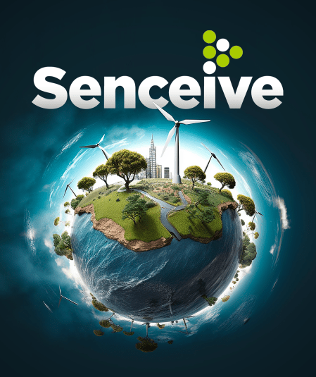 A small, round planet featuring urban buildings, wind turbines, greenery, and water bodies is depicted below the word "Senceive" with a connected dot logo. The image suggests themes of sustainability, technology, and environmental consciousness.