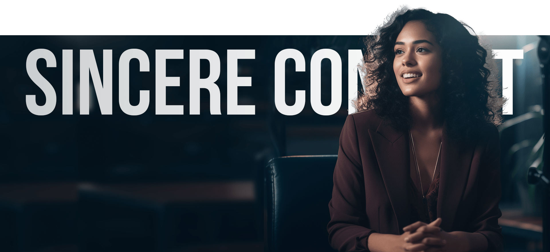 A Woman With Curly Hair Sits Confidently In A Chair, Wearing A Maroon Blazer. Behind Her, Large White Text Reads &Quot;Sincere Concern.&Quot; The Background Is Dimly Lit, Highlighting Her Poised Expression. A woman with curly hair sits confidently in a chair, wearing a maroon blazer. Behind her, large white text reads "SINCERE CONCERN." The background is dimly lit, highlighting her poised expression.