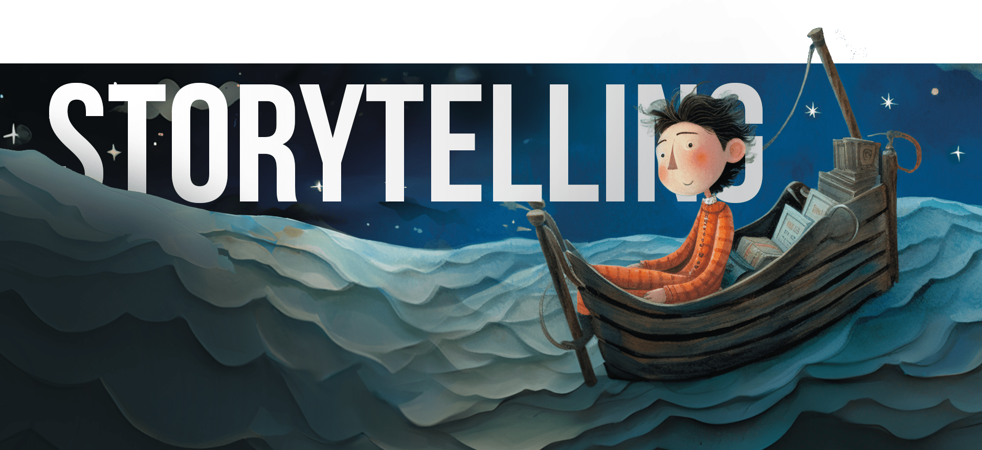 An illustration of a child in an orange sweater reading a book in a small boat on a wavy sea under a starry night sky. The word "STORYTELLING" is prominently displayed in large white letters across the top of the image.