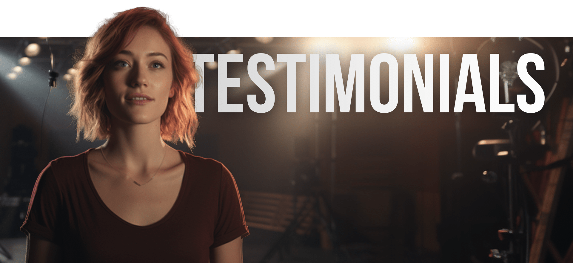 A Person With Short Red Hair Stands Against A Dark Background With Stage Lighting And Equipment. The Word &Quot;Testimonials&Quot; Is Prominently Displayed In Large White Letters To The Right. The Setting Suggests A Professional Video Or Photo Shoot Environment. A person with short red hair stands against a dark background with stage lighting and equipment. The word "TESTIMONIALS" is prominently displayed in large white letters to the right. The setting suggests a professional video or photo shoot environment.
