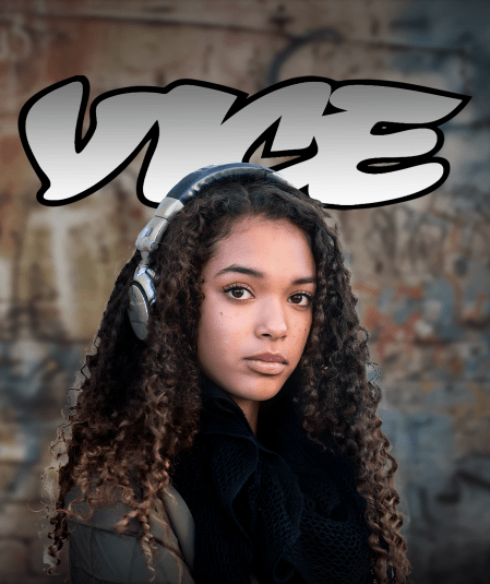 A person with long curly hair wearing headphones stands against a blurred graffiti wall. The word "VICE" is prominently displayed in bold, stylized lettering above their head. The person gazes directly at the camera with a neutral expression.