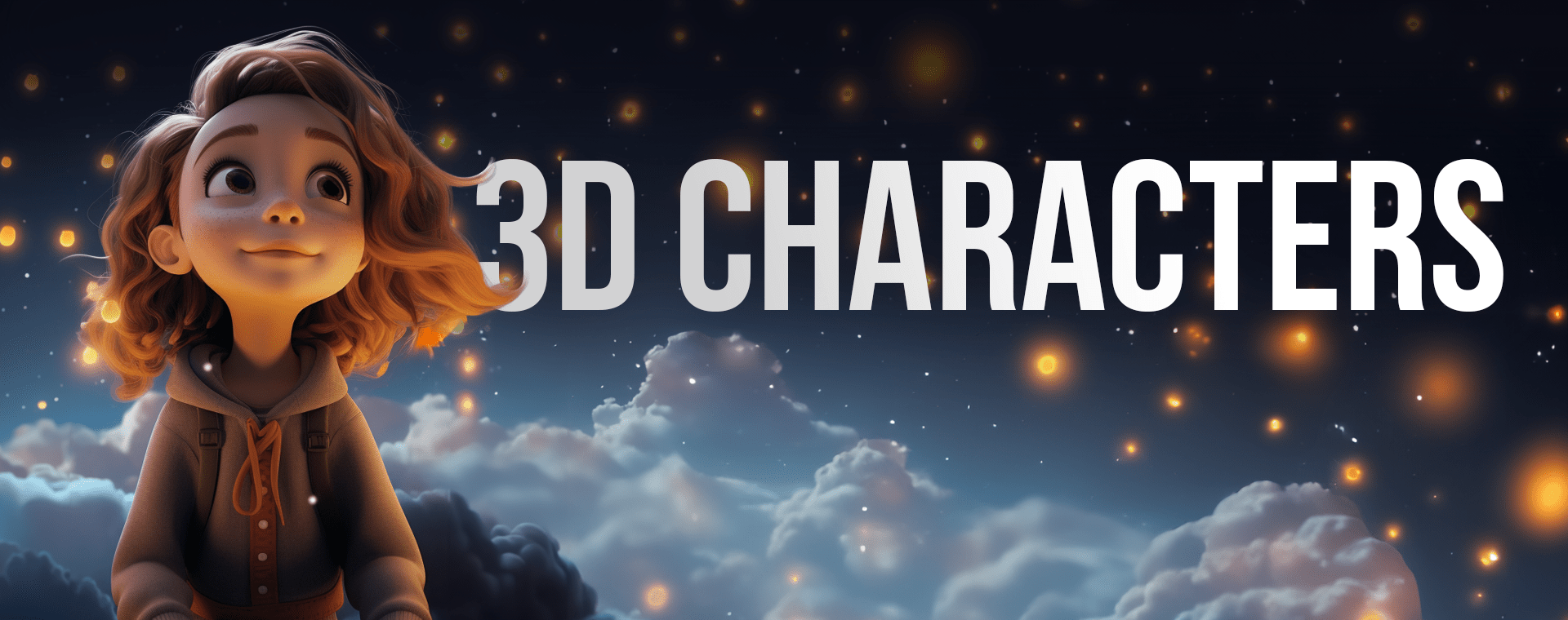 A 3D-animated character of a young person with curly hair looks up with a hopeful expression. They wear a hoodie against a night sky backdrop filled with glowing orbs. "3D CHARACTERS" is written in large white letters behind the character.