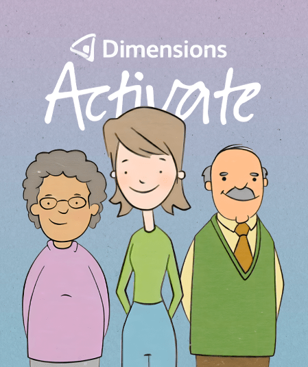 A cartoon image features three characters: an elderly woman in glasses and a pink sweater, a younger woman with brown hair in a green long-sleeve shirt and blue pants, and an elderly man with a mustache in a green vest and yellow tie. "Dimensions Activate" is written above them.