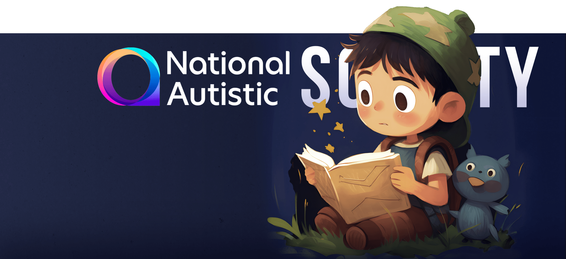 A digital illustration shows a young child reading a book, with a small blue creature sitting beside them. The child wears a green hat, and the background is dark blue. Text on the left reads "National Autistic Society" with a colorful circle logo.