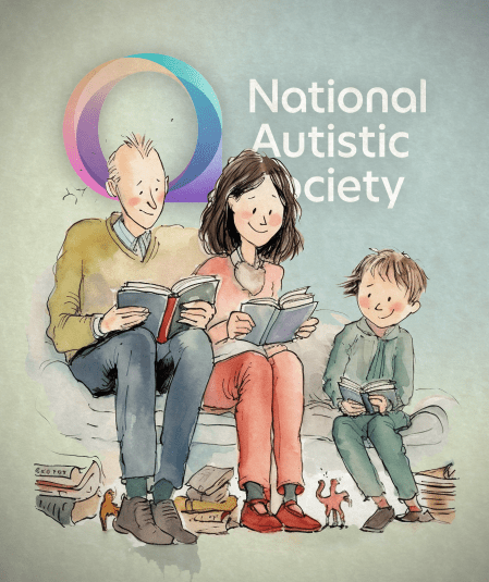 An illustration depicts a family of three sitting and reading together. The father, mother, and child are each holding a book. Beside them are scattered books, and two small toy camels are on the floor. The text "National Autistic Society" is displayed above them.