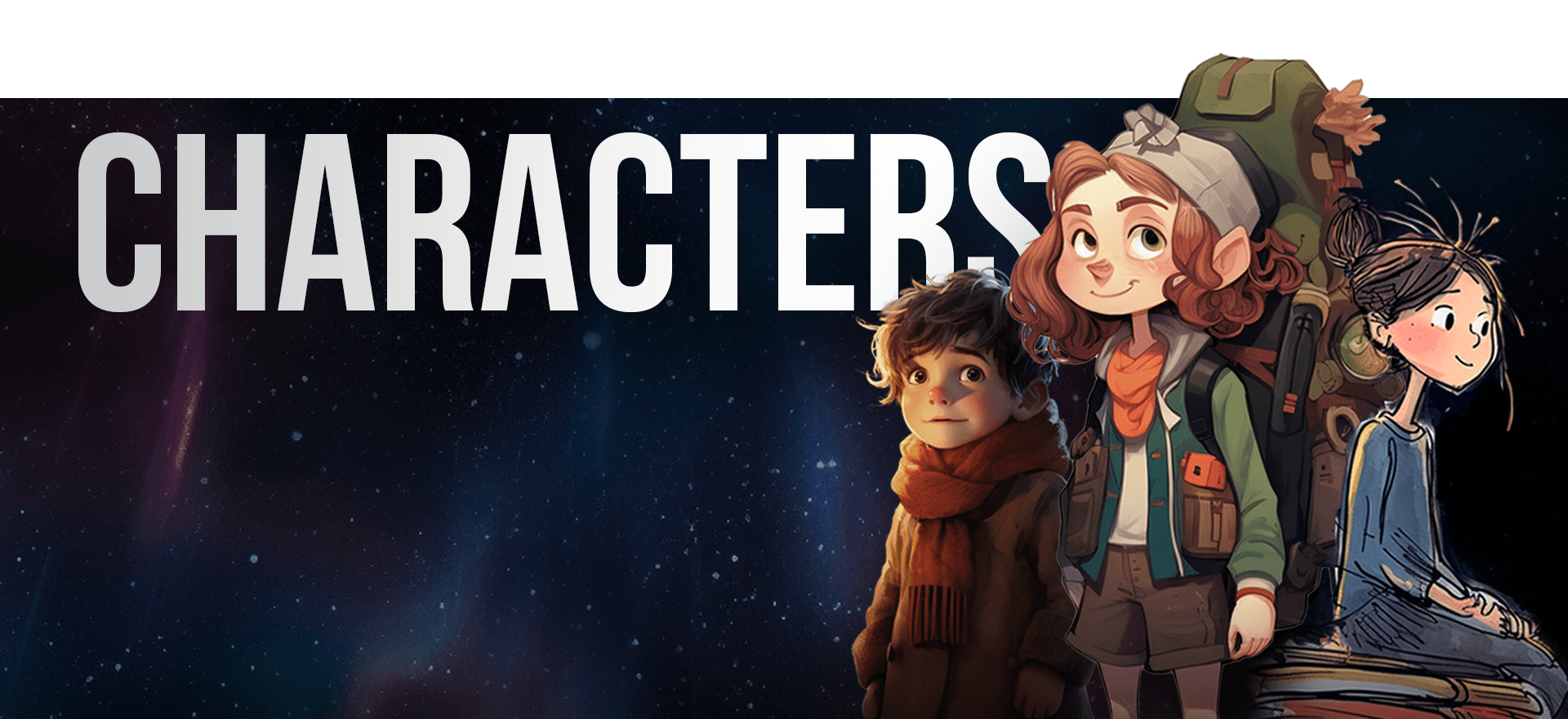 An image labeled "CHARACTERS" featuring three animated children. The first child, bundled in a warm outfit and scarf, looks serious. The second child has curly hair, a hat, a large backpack, and smiles. The third child, with a long, messy hairstyle, looks curious.