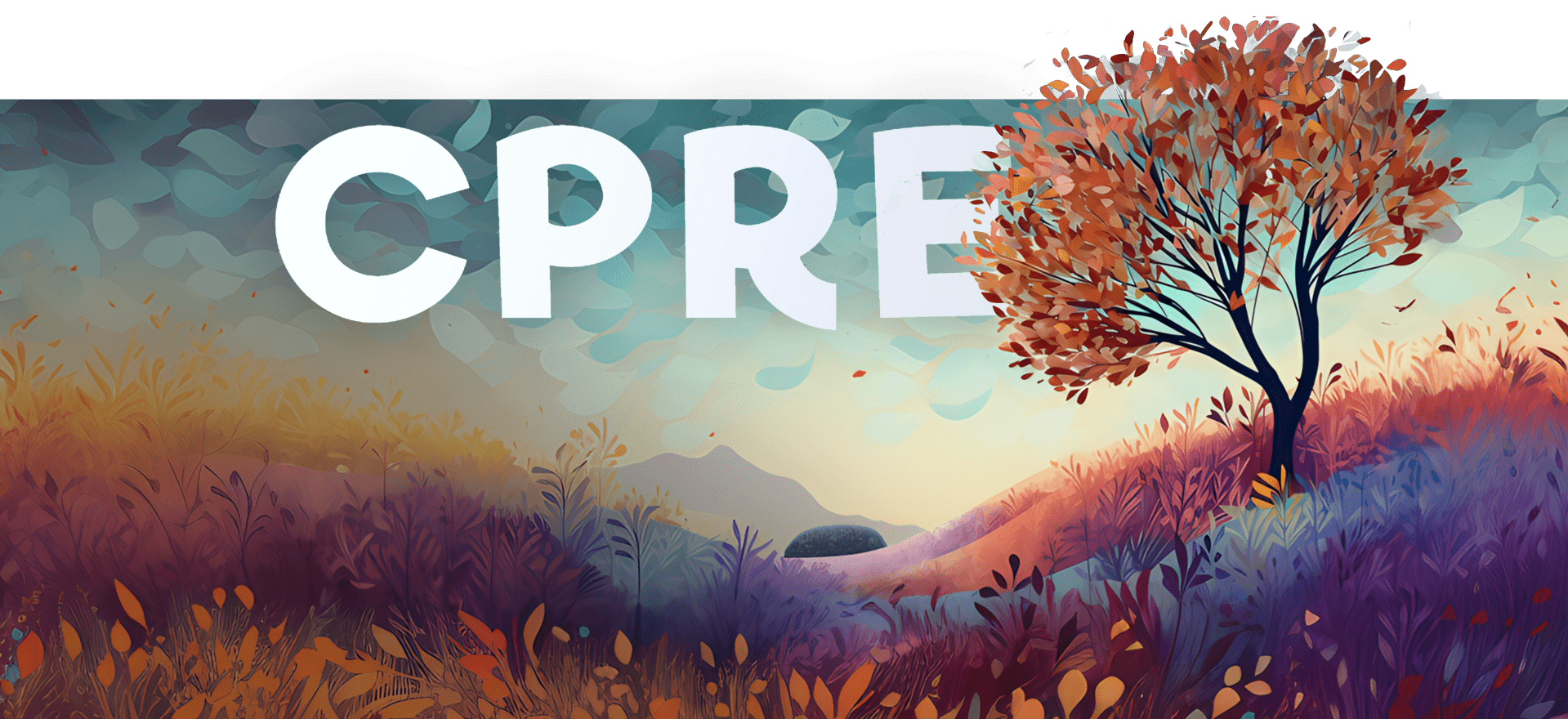 A vibrant landscape illustration features the letters "CPRE" in the background. The scene includes a colorful hillside with warm hues of red, orange, and purple, and a lone tree with autumn leaves. The sky has a gradient of soft blues and pastel shades.
