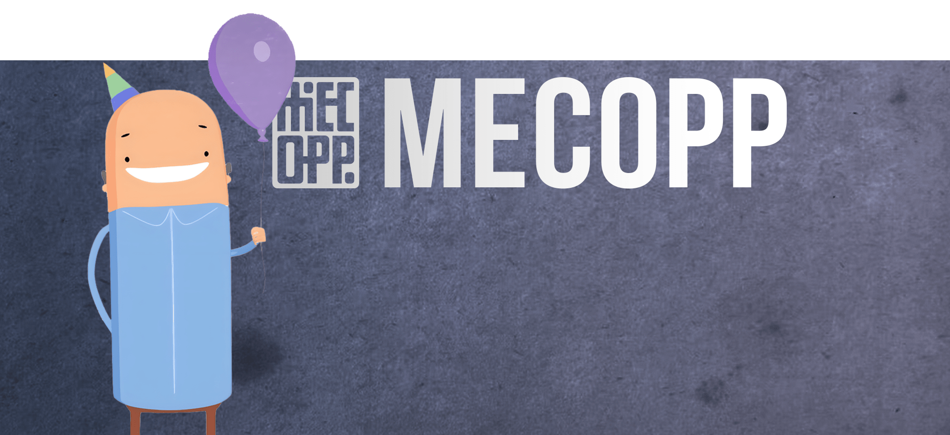 A cartoon character wearing a blue outfit and a party hat holds a purple balloon on the left. The text "MECOPP" is displayed prominently on the right against a gray background.