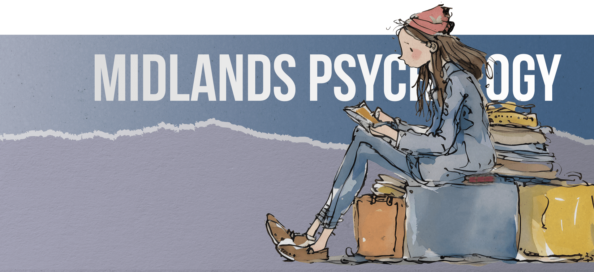 Illustrated image of a person sitting on a stack of books, reading. The individual is wearing a red hat and casual clothing, and the background fades from green to a gradient of blue with the words "MIDLANDS PSYCHOLOGY" prominently displayed at the top.
