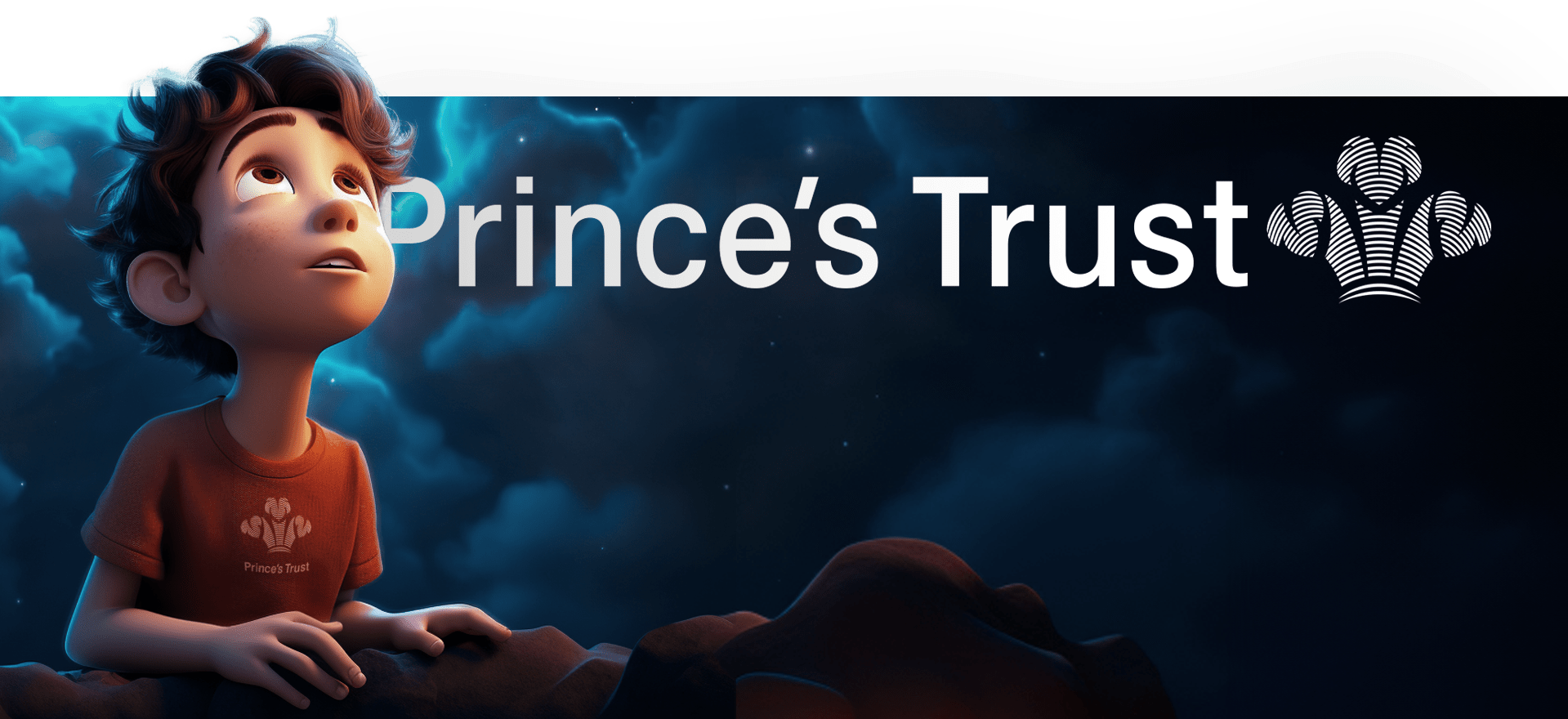 A digitally animated child with curly hair and wide eyes looks upwards against a dark, starry sky. They wear an orange shirt with the Prince's Trust logo. The text "Prince's Trust" and the logo are displayed prominently in the background.