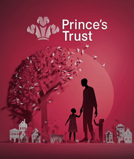 Illustration of a person with two children standing under a tree, set against a red background. White birds fly around the tree and small houses can be seen at the bottom. "Prince’s Trust" is written at the top with a crown logo.