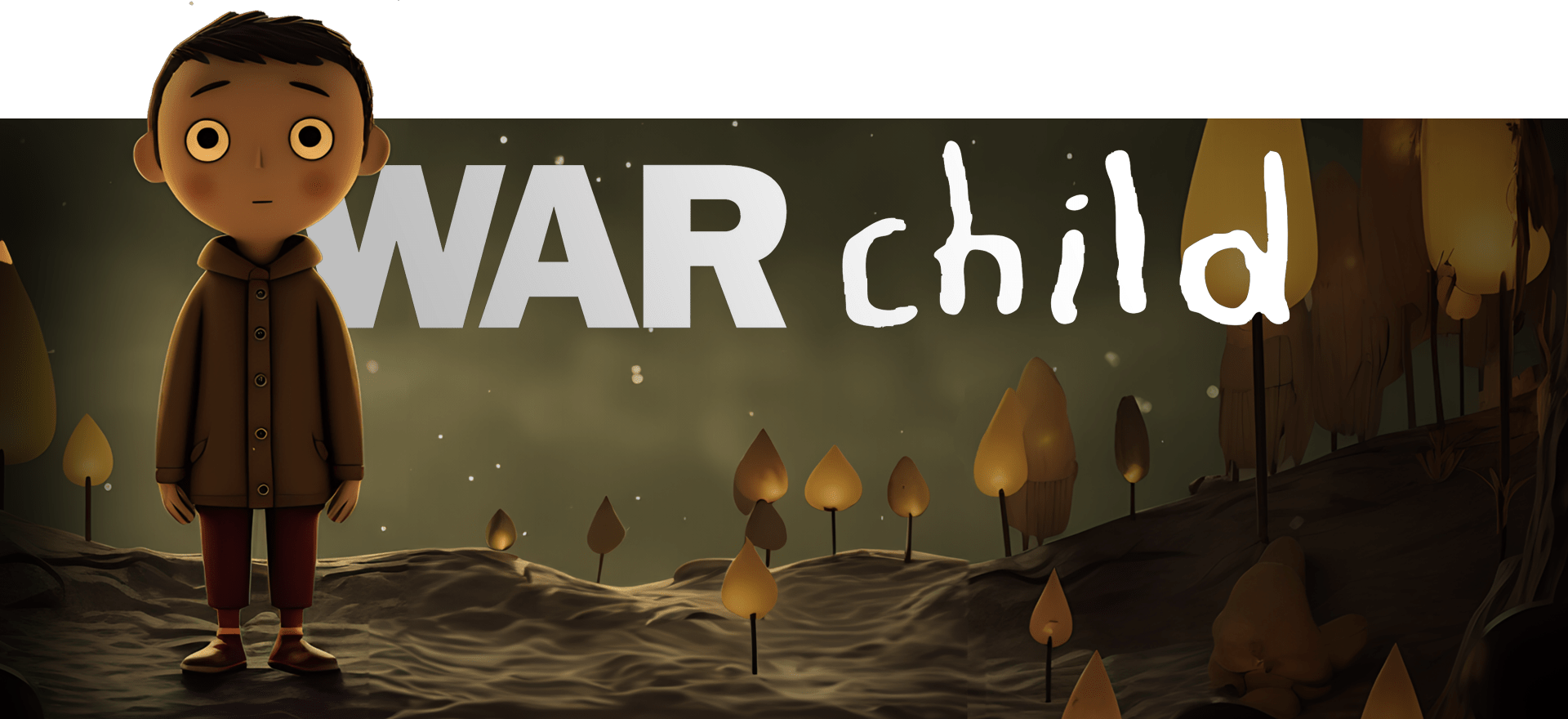 Animated image of a young boy with a fearful expression standing on a dark landscape filled with glowing cone-shaped trees. The background features the words "WAR child," with "WAR" in bold white letters and "child" in a handwritten style.