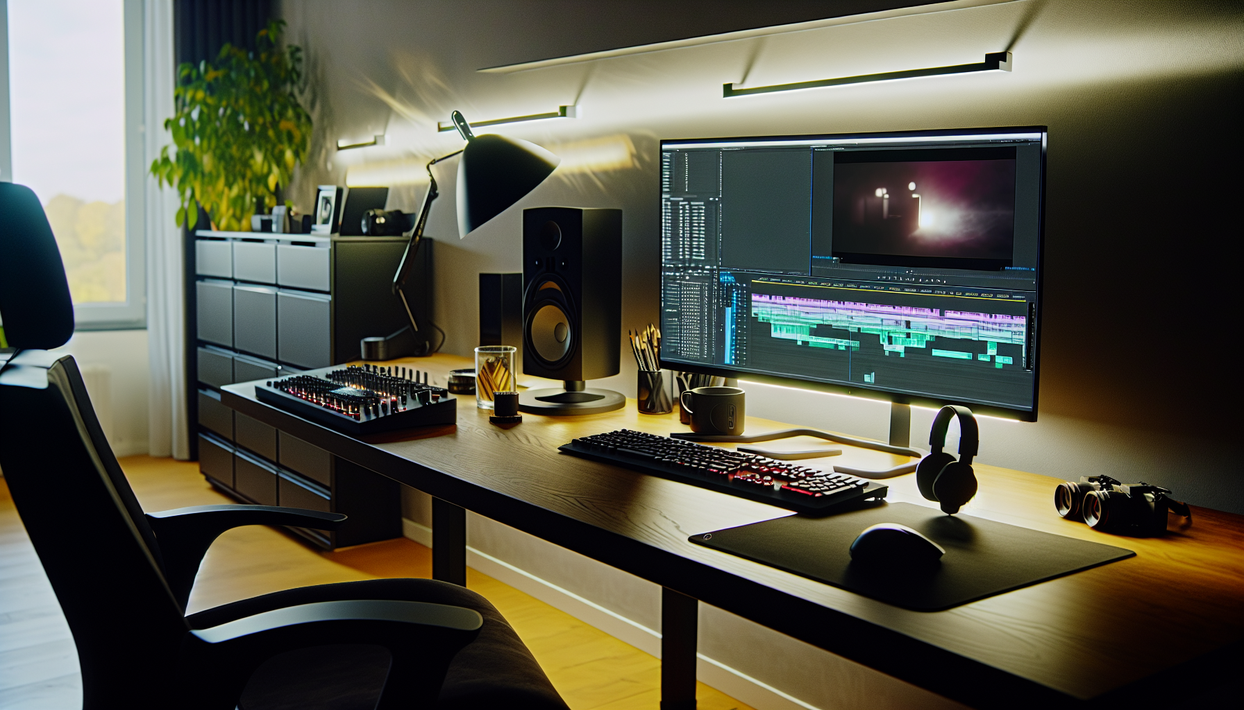 A professional video editing workstation with creative software.