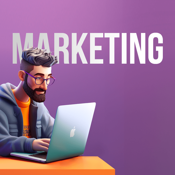 Animated man on laptop, video marketing