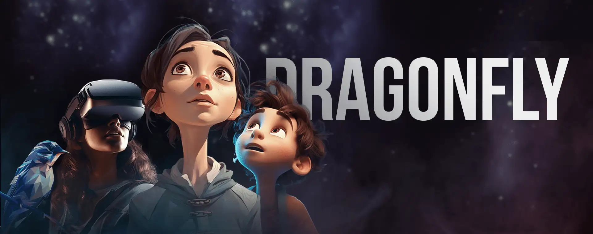 Animated poster for "Dragonfly" depicting three characters: a girl in a VR headset, a girl looking up in awe, and a boy gazing upwards with wonder. The background is a starry sky and the title "DRAGONFLY" is prominently displayed to the right, showcasing the creativity of top video production companies.